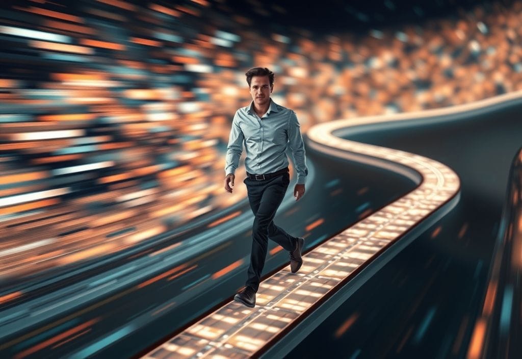 A person confidently walking on a digital data path amidst rapidly evolving technology, symbolizing staying relevant with AI advancements.