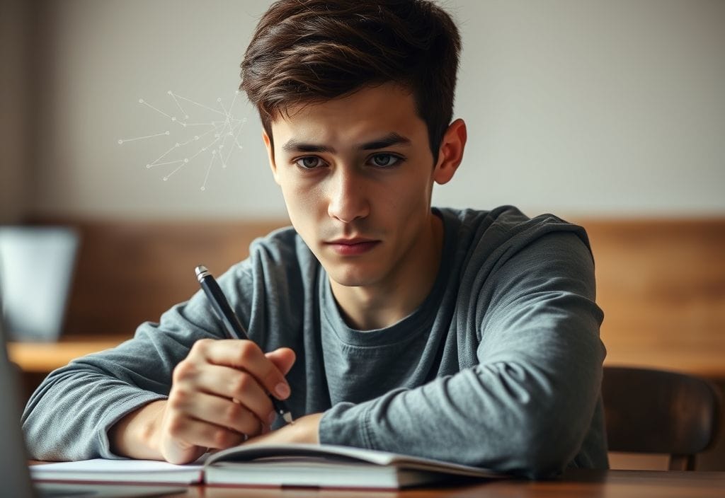 Thoughtful student writing an essay, subtly highlighting the challenge of AI in capturing genuine human authenticity.