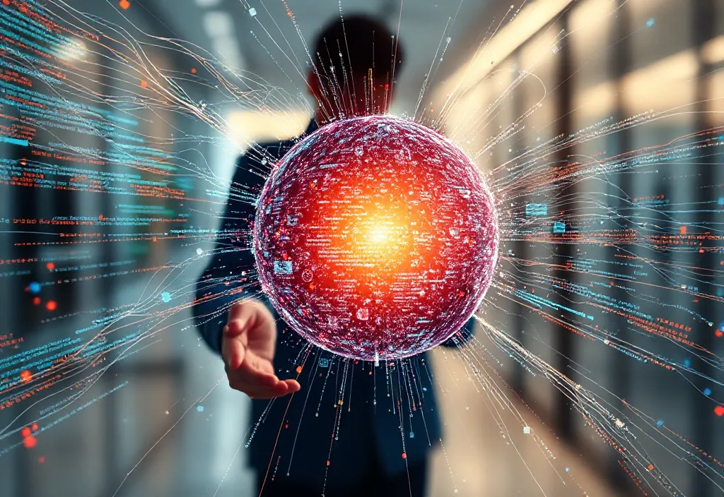 Diverse digital data streams (text, images, sound waves) converging into a glowing sphere, representing AI's advanced processing for writing.