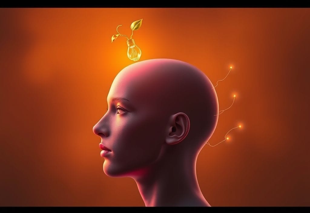 A human head with a blossoming idea amplified by subtle digital lines, symbolizing AI enhancing unique creativity in essays.