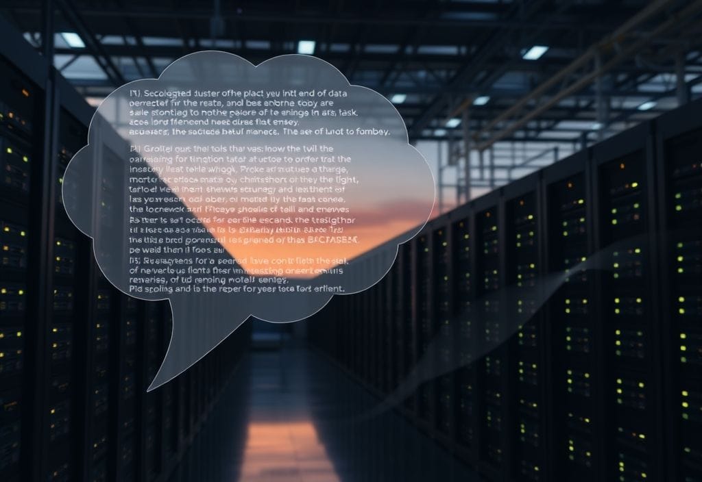 A vast data center at dusk with subtle text overlays, representing the unseen environmental cost of AI essay generation.