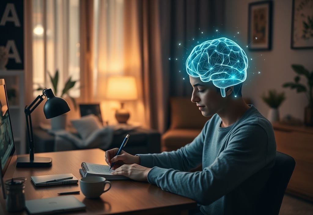 A futuristic AI robot sitting beside a student, helping draft a college application essay on a laptop.