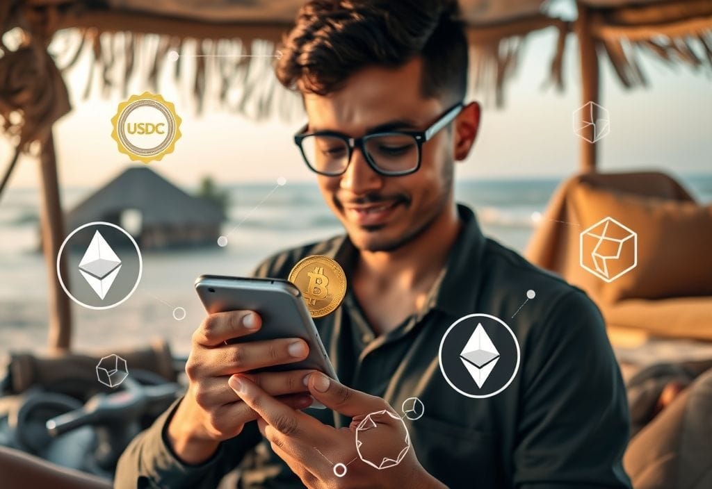 Freelancer using crypto payments like USDC and DeFi tools for fast, global freelance income