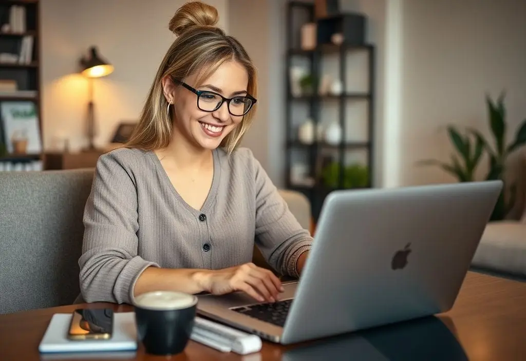 A woman with glasses is working on her laptop and smiling. There's a coffee cup and a phone on the table in front of her. The image is titled Brand Elevation Scale Agile Solutions woman featured.
