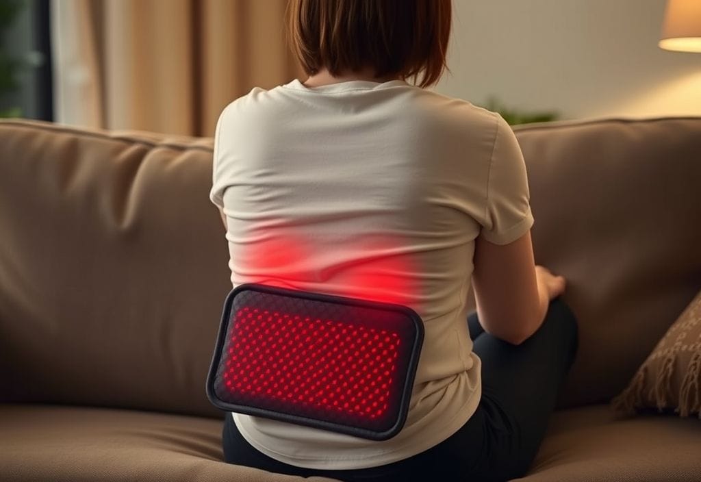 Heating pad on lower back while sitting, illustrating how heat therapy is used and raising the question — can heat make back pain worse?