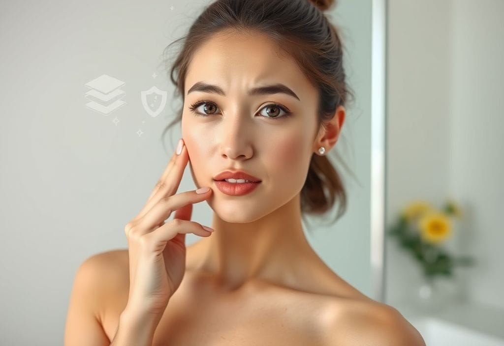 Concerned woman touching her cheek in a bathroom, thinking about cyst vs pimple, with a skincare bottle on the counter and skin care icons in the background