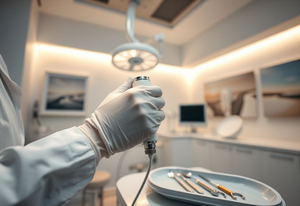 Dentist adjusting nitrous oxide machine in a modern dental room