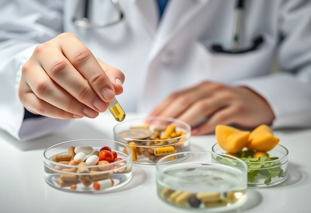 Close-up of a doctor's hands placing botanical supplements beside petri dishes with probiotics in a clean clinical setting