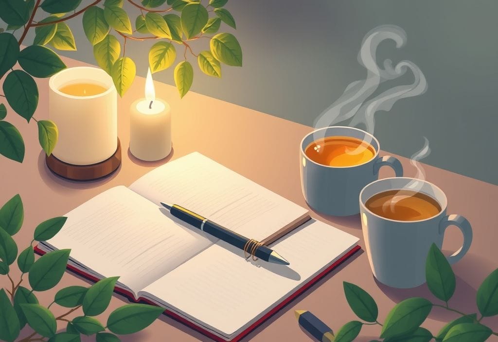 A peaceful workspace illustration with natural elements like leaves, a candle, and soft ambient light. Nearby is an open notebook with a pen, and a steaming mug. The scene suggests calm learning without showing any screens or text.