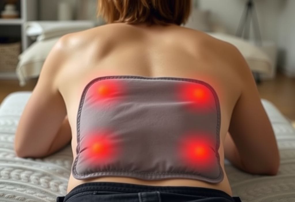 Heat pack placed on lower back to ease muscle stiffness