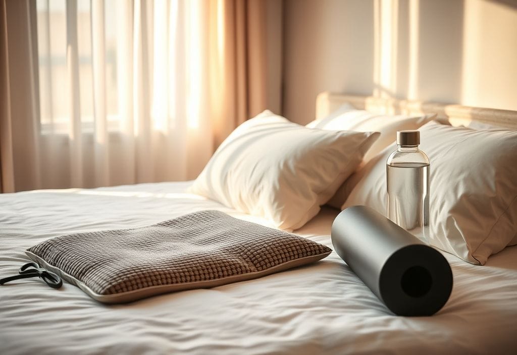 A heating pad placed on a bed beside a foam roller and water bottle, offering gentle support for those wondering — can heat make back pain worse or better?