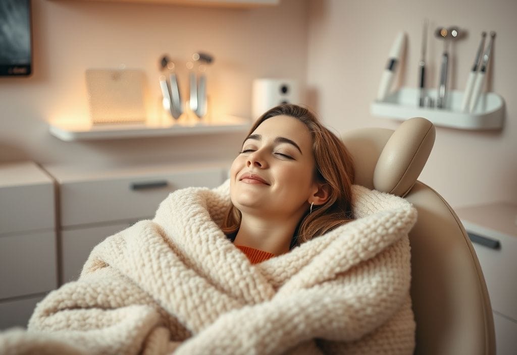 Calm dental clinic scene showing patient comfort after nitrous oxide use