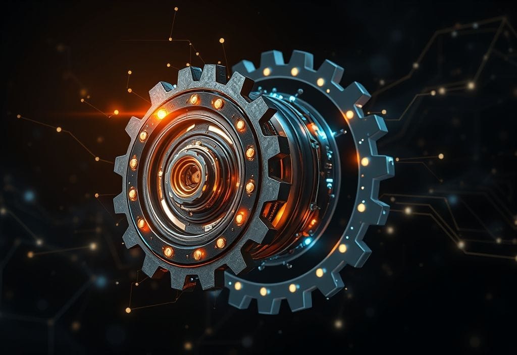 An evolving AI gear representing the transformation in automation during the social media saga silktest era