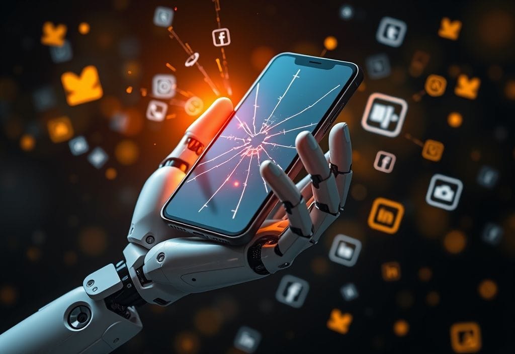 A robotic hand repairs a cracked smartphone mid-air, symbolizing how the social media saga silktest brought automation precision to unstable digital platforms.