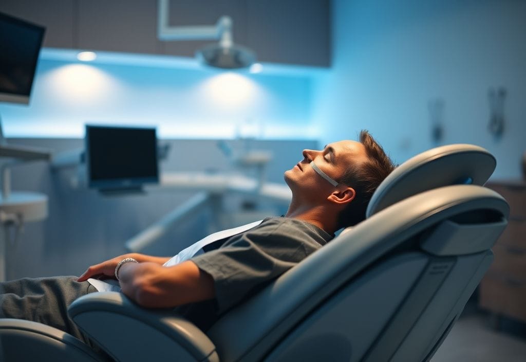 Patient wearing a nitrous oxide mask during dental treatment, showing how nitrous oxide may help ease anxiety while addressing the question: does nitrous oxide take away anxiety during dentists visits?