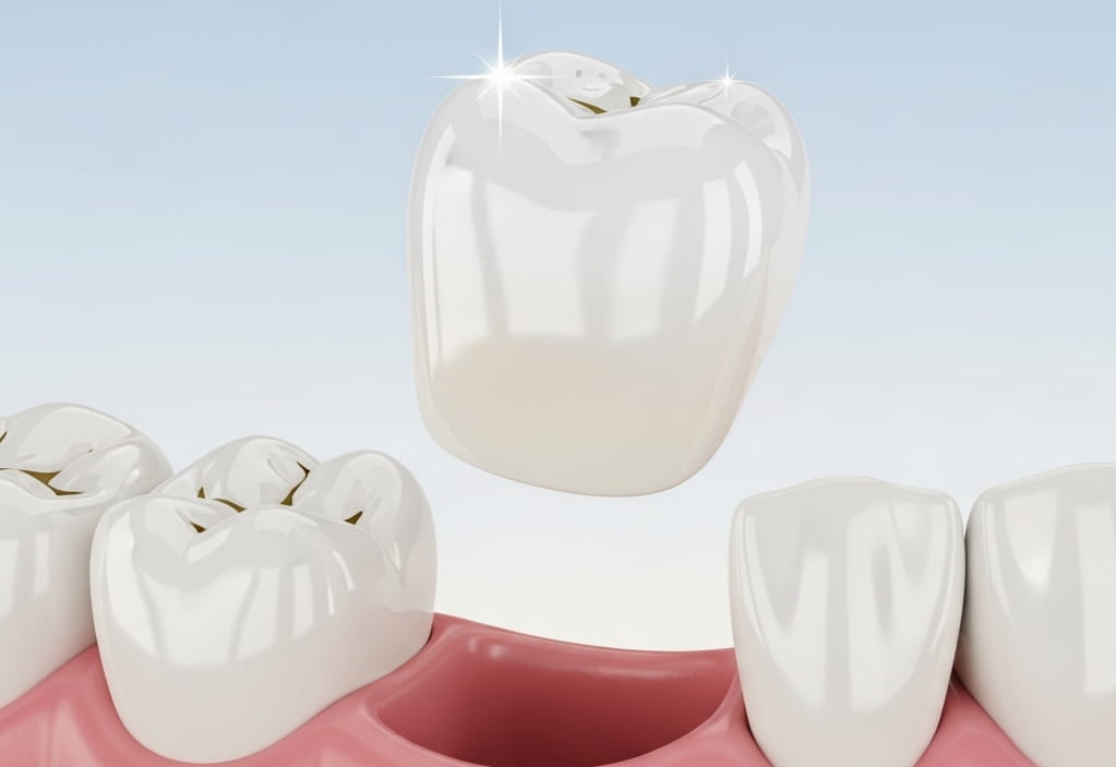 3D illustration of a missing tooth being replaced with a shiny dental veneer, hovering above the empty space, representing the use of dental veneers for missing teeth, soft gradient background, minimalistic design, no text or labels