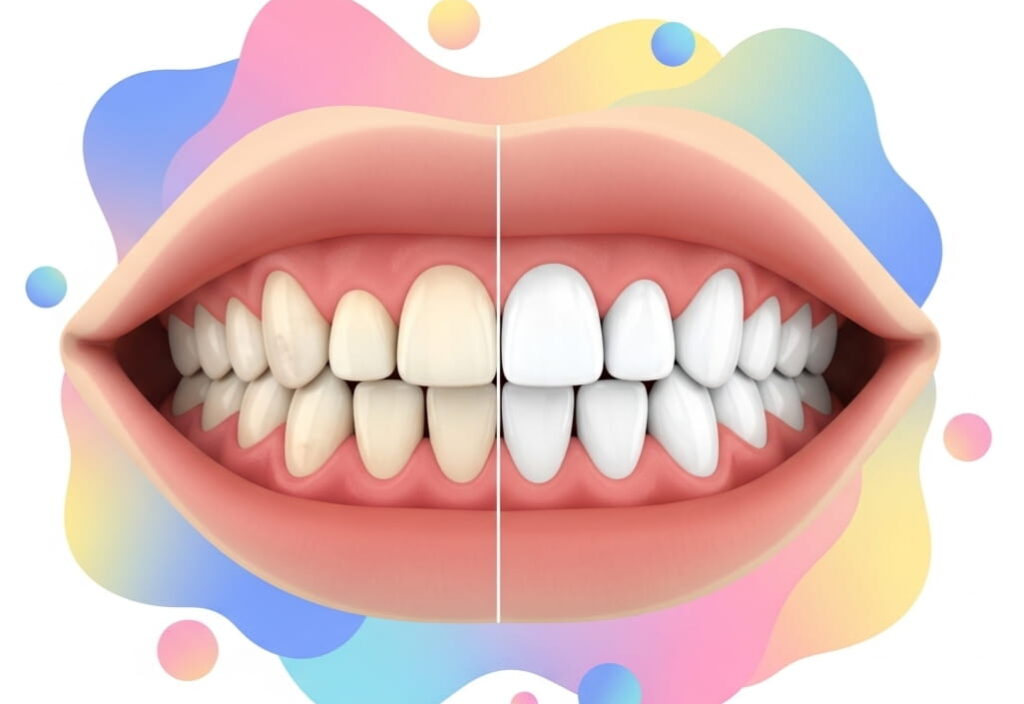 3D illustration of a stylized mouth with teeth, showing half natural and half perfect teeth, representing the effect of dental veneers for missing teeth, colorful soft 3D shapes, minimalistic design, no text or labels