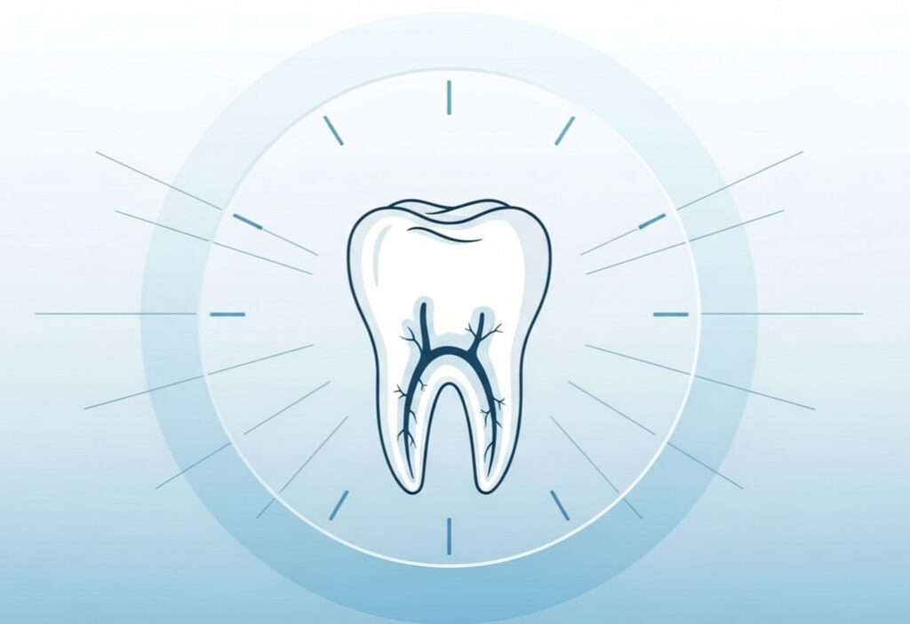 Minimalistic illustration of a tooth with root canals showing the average time for a root canal procedure in a simple and clear way