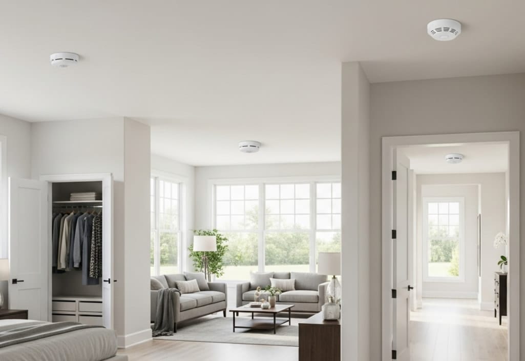 Properly positioned smoke detectors in different areas of a modern home for maximum safety
