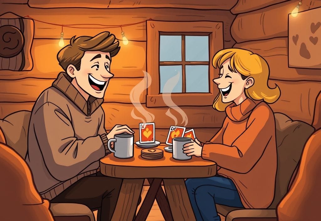 A couple enjoying hilarious two-player games in a cozy setting filled with warm laughter.