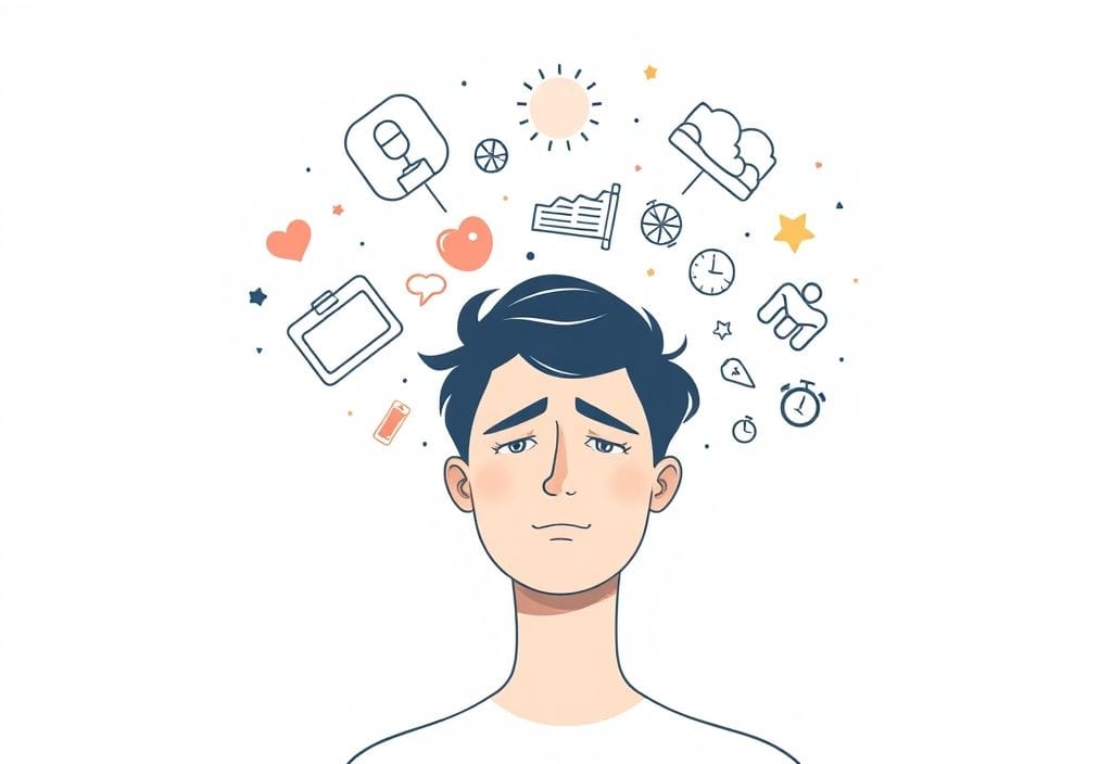 Vector art showing a person overwhelmed by thoughts, representing the daily effects of relationship anxiety