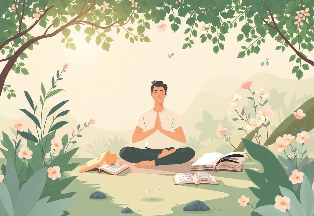 Illustration of calming rituals like breathwork and journaling to manage relationship anxiety