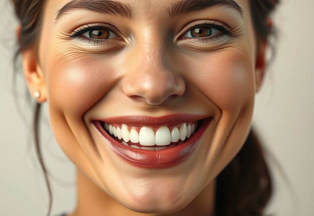 Close-up of a smiling adult showing natural, perfectly aligned teeth, representing dental veneers for missing teeth.