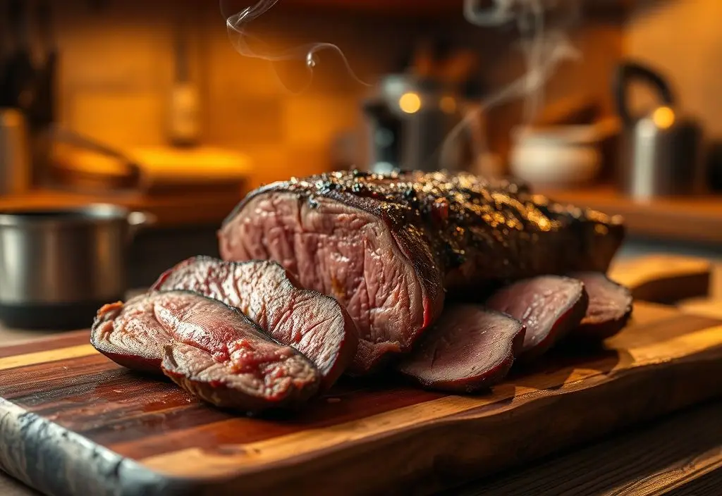 Perfectly smoked sirloin tip roast with juicy slices, ready to serve