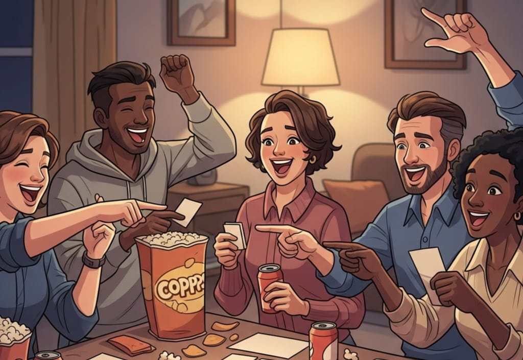A group of friends enjoying a fun game night with hilarious card games like Cards Against Humanity, laughing and playing around a table with snacks and drinks.