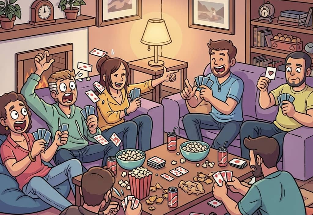 Friends casually playing party games during a cozy game night filled with laughs and reactions.