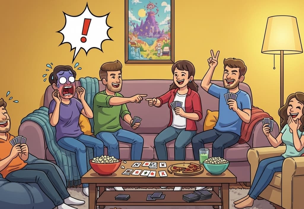 A group of friends playing unique card games at game night with laughter and chaos in the air.