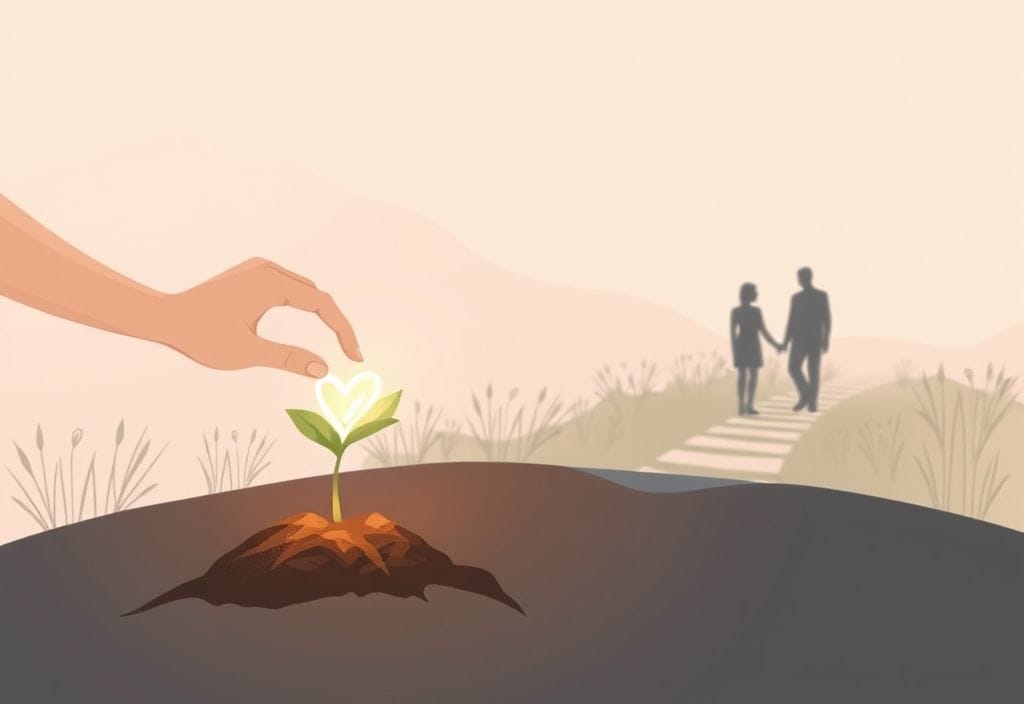 Illustration of a person planting a glowing heart seed symbolizing healing, with couple reconnecting in background to show relationship rebuilding