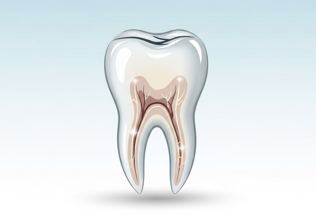 Minimalistic illustration of a molar tooth showing root canals, visually explaining how long does a root canal take and the recovery process