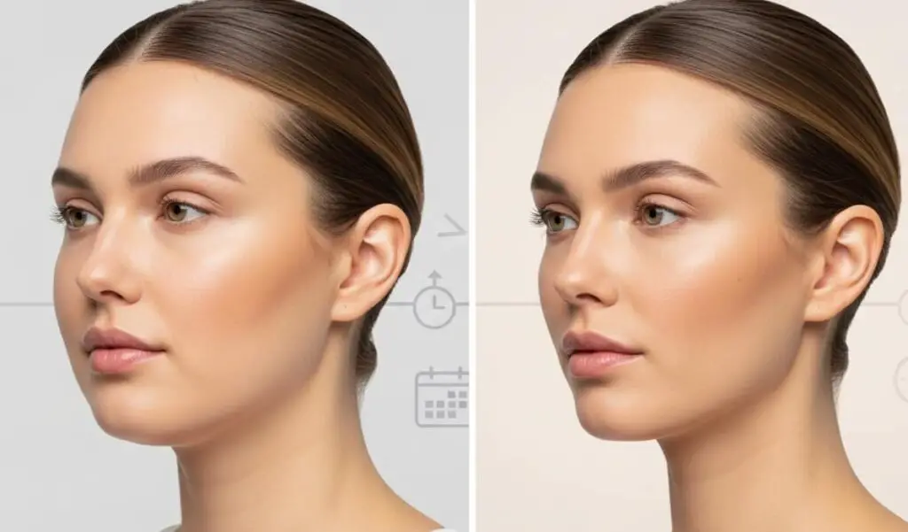 How long does masseter Botox last illustration showing slimmer jawline with timeline concept