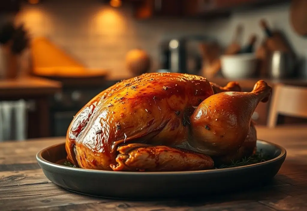 Perfectly reheated smoked turkey on a rustic wooden table, golden crispy skin and steam rising, illustrating how to reheat a smoked turkey without drying it out.
