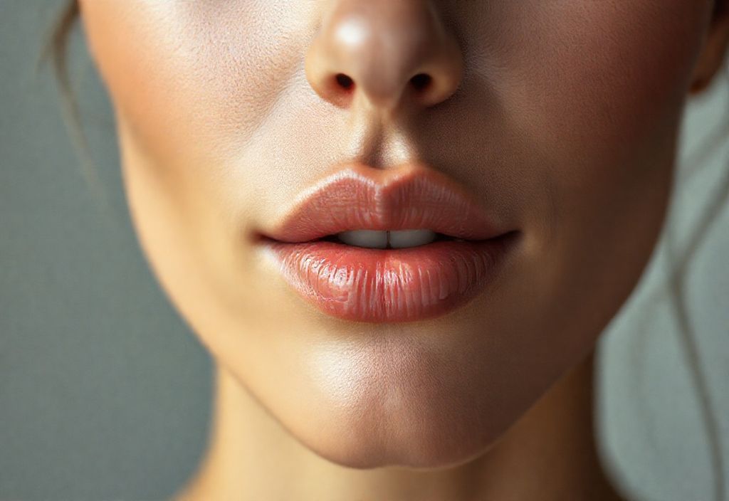 Natural close-up of a woman's lips showing subtle cosmetic enhancement, illustrating lip flip before and after results