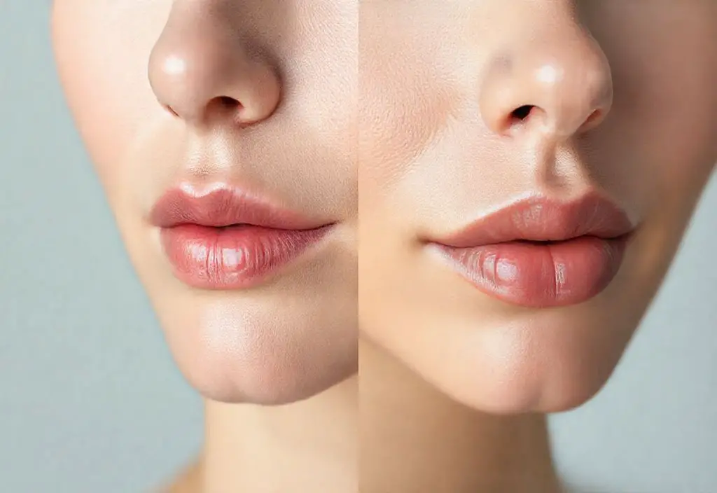 Split-screen close-up showing a woman's lips before and after a lip flip, highlighting subtle upper lip enhancement