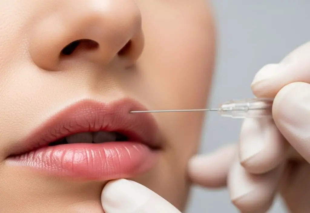 Close-up of a woman's upper lip during a lip flip procedure, illustrating how the treatment works