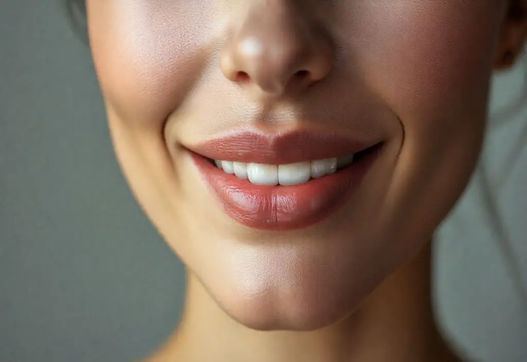Close-up of a woman's smile showing subtle transformation after a lip flip procedure