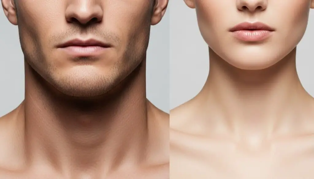 Masseter Botox before and after men vs women showing sharper masculine jawline and slimmer feminine V-shaped jawline