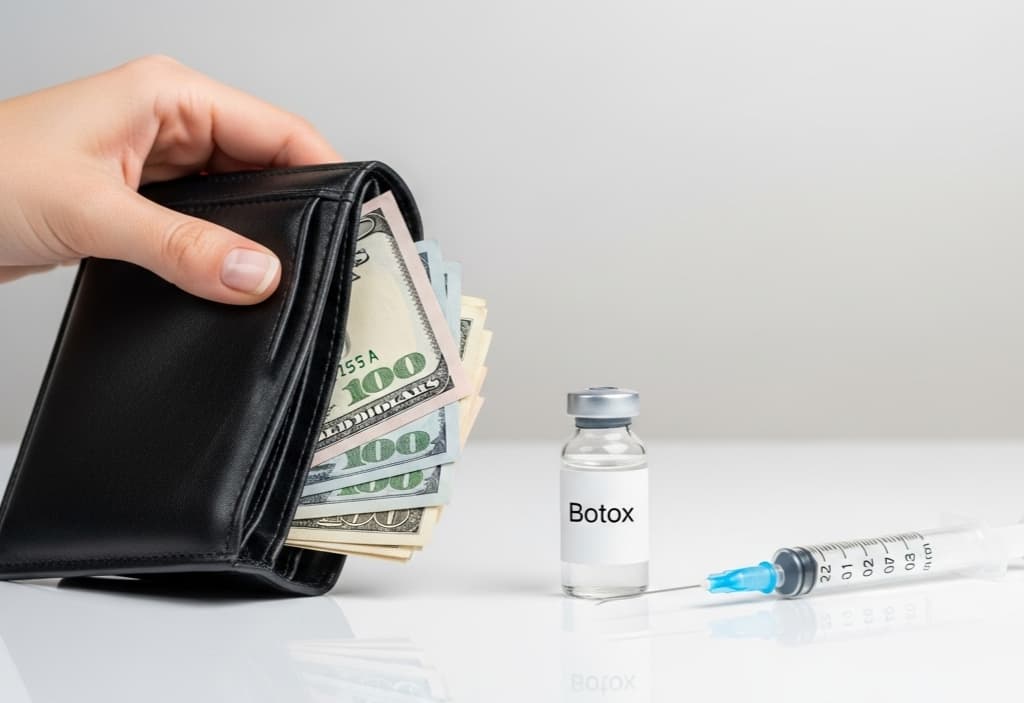 Masseter Botox cost concept showing wallet with money next to Botox vial and syringe