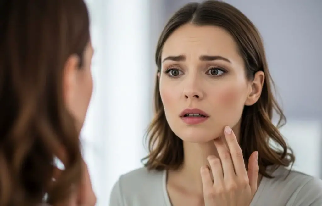 Masseter Botox gone wrong concept showing a woman with worried expression touching her jawline in the mirror