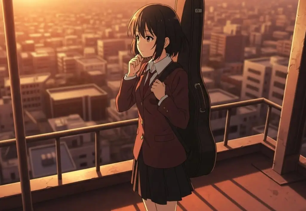 Young anime girl, Moca Aoba, stands on a rooftop with a guitar case during sunset, a scene widely known as the Moca Aoba divorce card within the fan community.