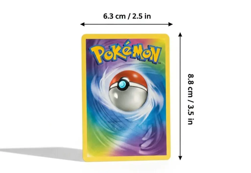 Pokémon-style trading card with colorful border and infographic arrows showing pokemon card dimensions in cm and inches.