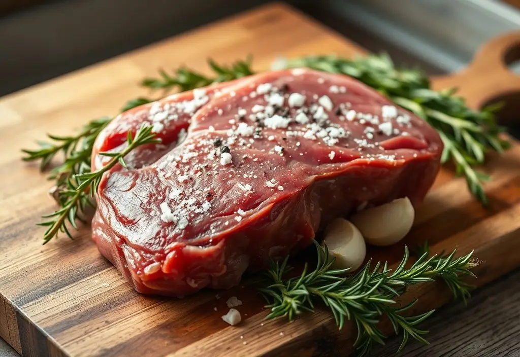 Smoked sirloin tip roast being prepared with herbs and seasoning on a cutting board