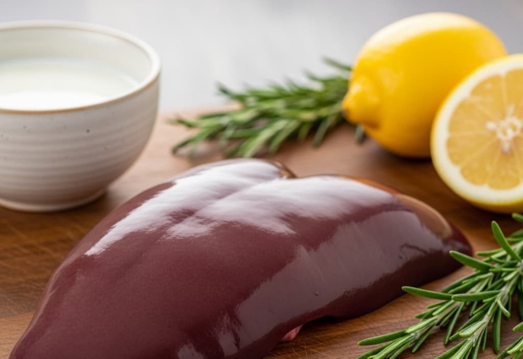 Fresh raw lamb liver on a cutting board with a bowl of milk and lemon for soaking and cleansing, illustrating important preparation steps.