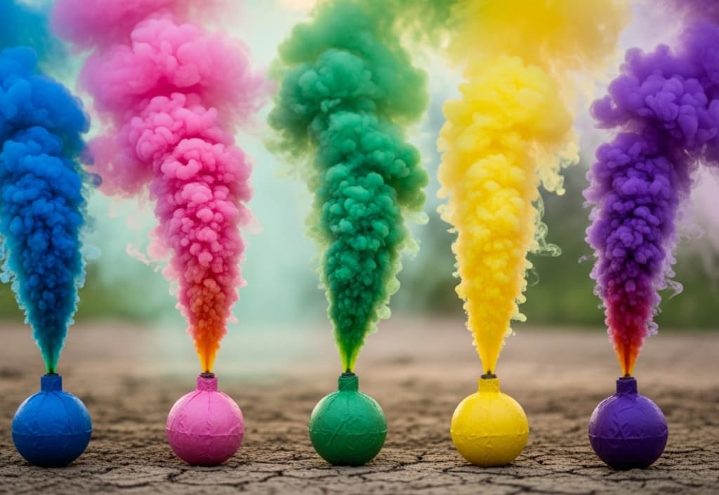 Realistic photo of smoke balls on the ground releasing natural colorful smoke in blue, pink, green, yellow, and purple.