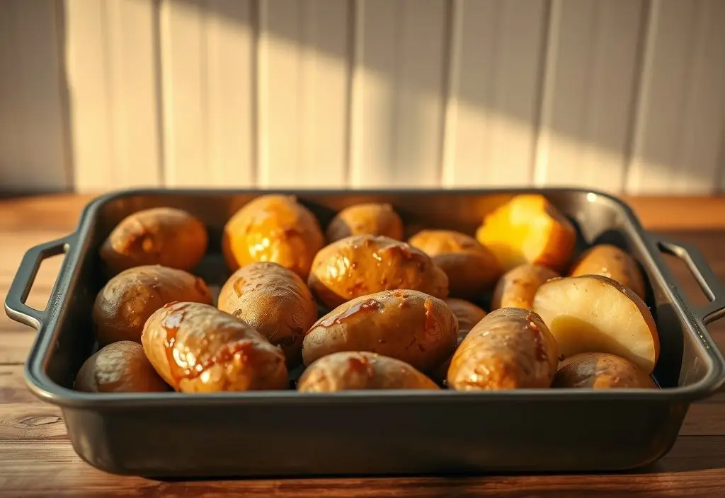 Liquid smoke russet potatoes in a baking tray, brushed with liquid smoke, ready to cook with crispy skin and fluffy interior
