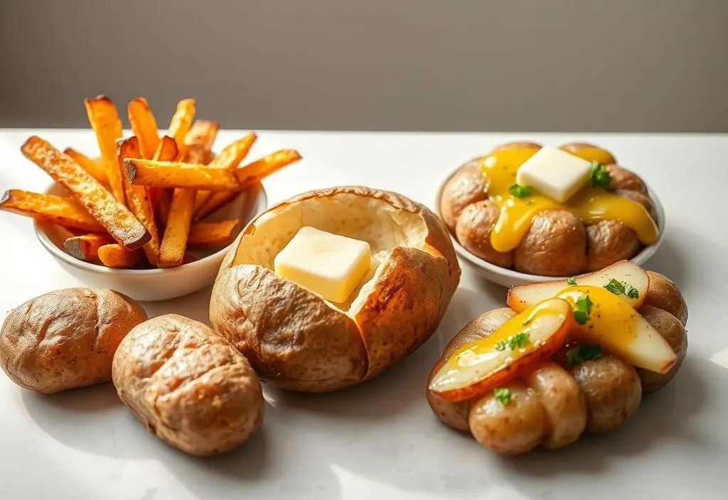 Smoky russet potatoes styled in American, British, and Mediterranean ways, showcasing global culinary variations