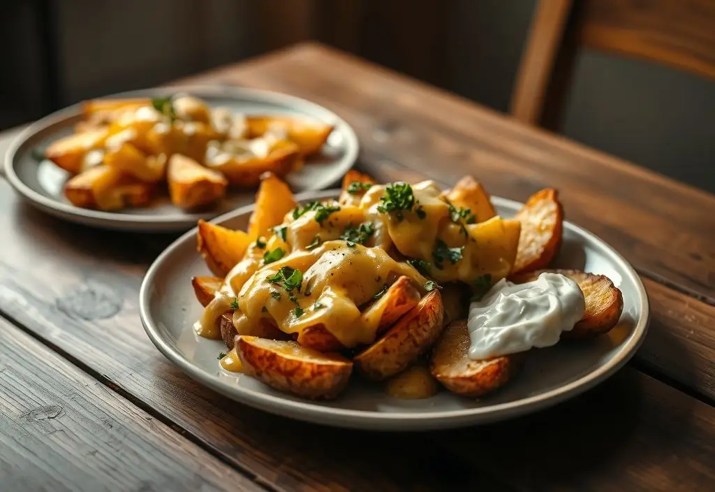 Home-served baked russet potato wedges with melted cheese and herbs, ready to enjoy as a side dish